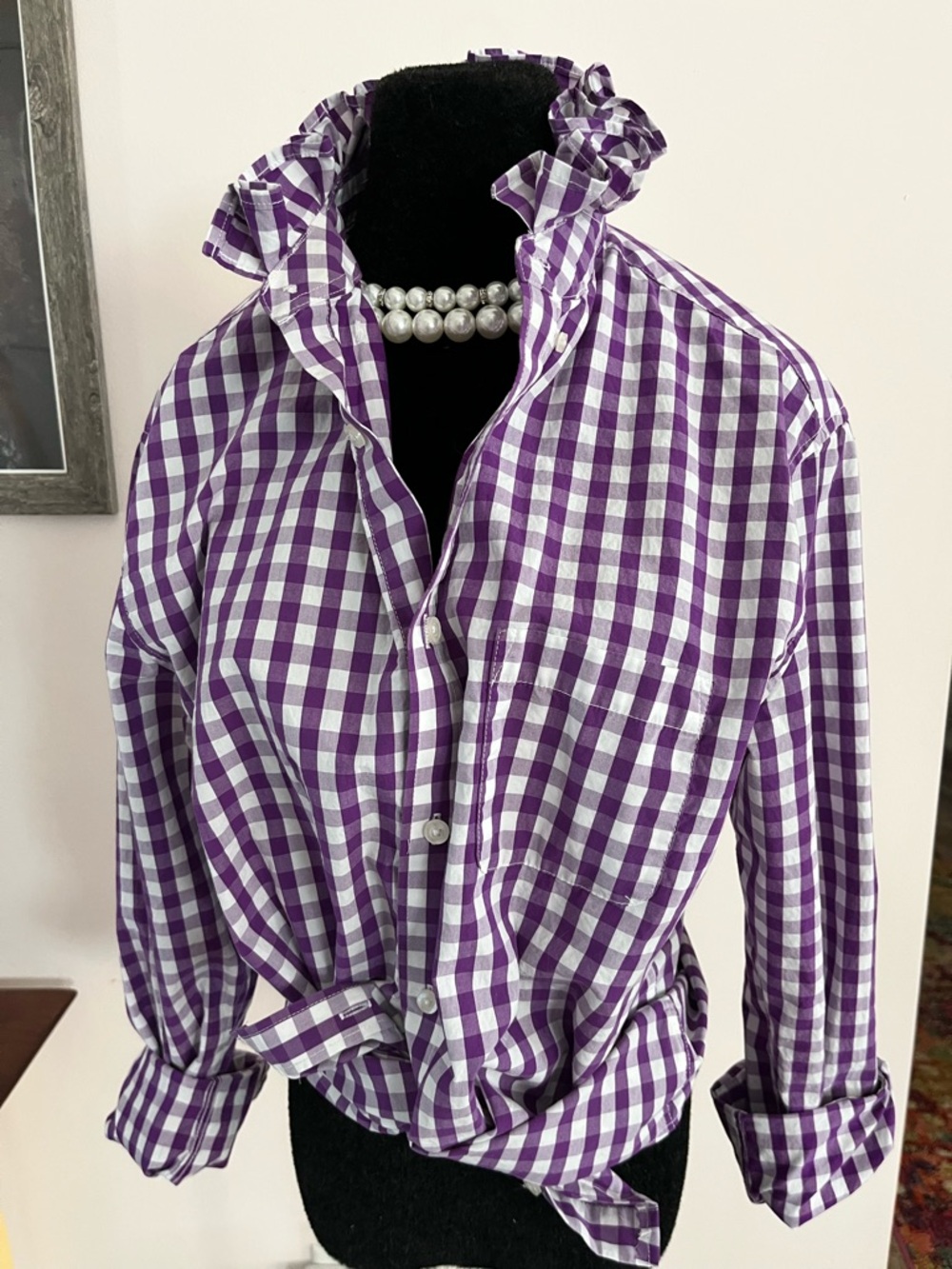 Upcycled Nat Nast Purple and White Gingham Shirt with Ruffle collar